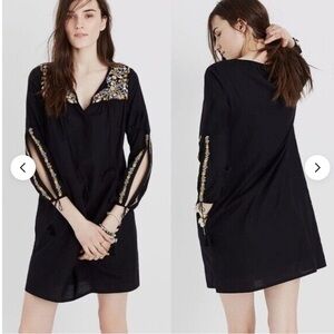 Madewell Embroidered Slit-Sleeve Dress in Black Size L  MSRP $158